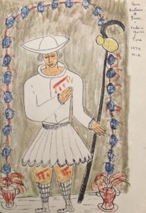 Santo peregrino. Dibujo a tinta y lápices de colores sobre papel. Regalo personal a Antonio de Luna García (Granada, 1926)