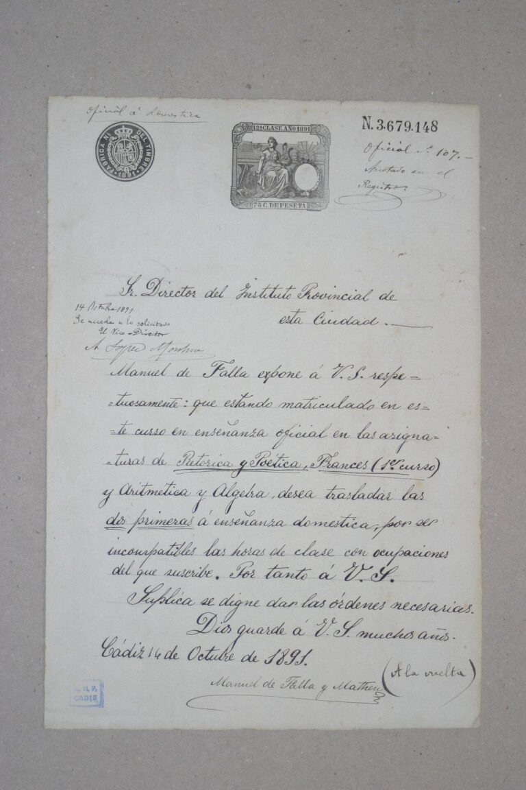 Solicitud al Instituto Provincial de Cádiz para cambiar las asignaturas de francés y poética de «enseñanza oficial» a «enseñanza doméstica», 14 de octubre de 1891.[c]