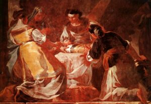 Detalle del Nacimiento de la Virgen, de la serie de pinturas de la Cartuja del Aula Dei, 1774.