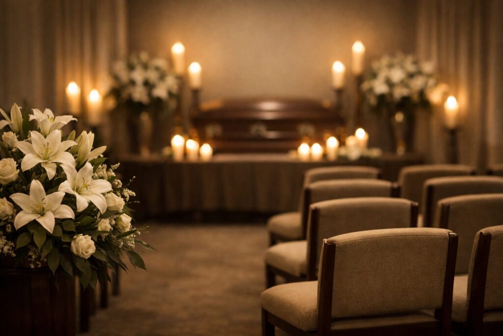 Sala de velatorio con velas encendidas y flores blancas: qué es un velatorio