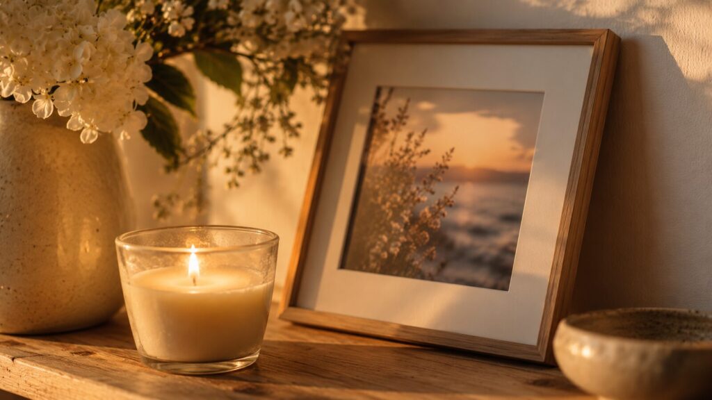 Vela encendida junto a un marco de fotos y flores: aniversario de un fallecimiento