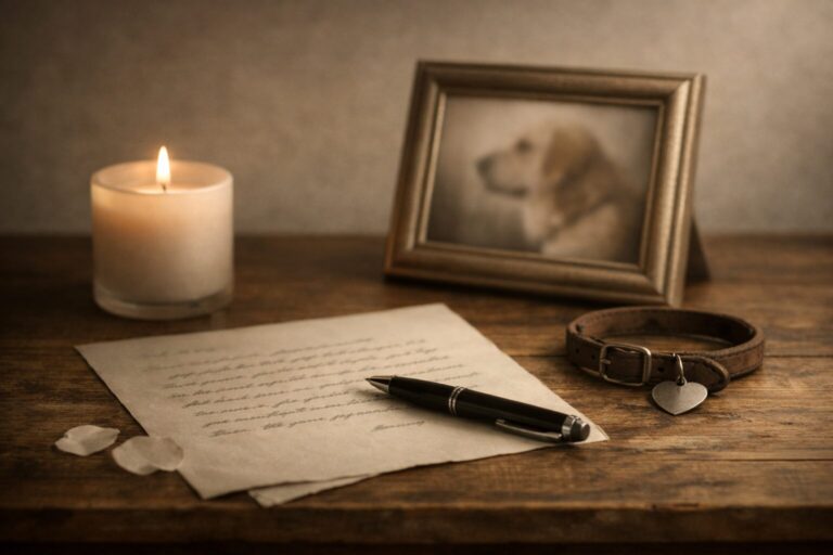 Carta manuscrita junto a una foto y una vela: carta de despedida a mi mascota