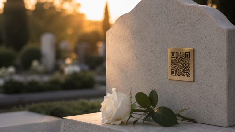 Lápida de piedra clara con placa dorada de código QR y una rosa blanca