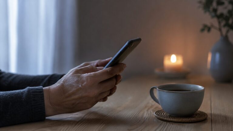 Manos sosteniendo un teléfono móvil junto a una vela encendida, en penumbra cálida