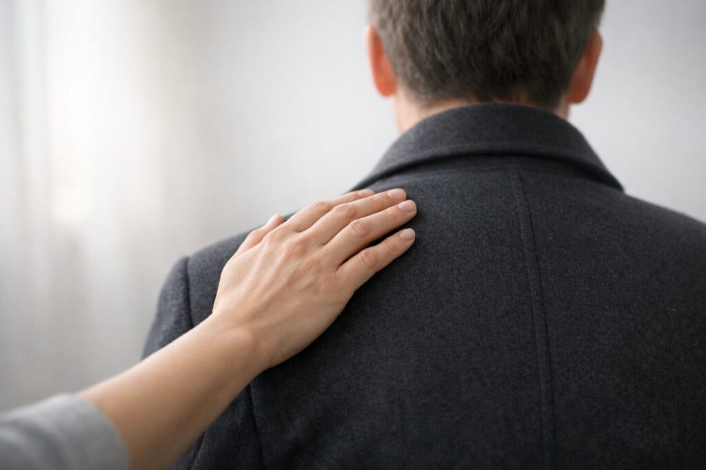 Una mano apoyada con afecto en el hombro de otra persona, en gesto de apoyo