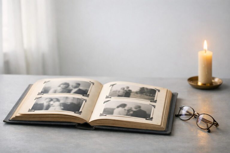 Álbum de fotos antiguo abierto con gafas de leer, a la luz cálida de la tarde
