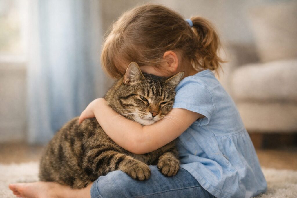 Niña abrazando con ternura a su gato atigrado en una habitación luminosa