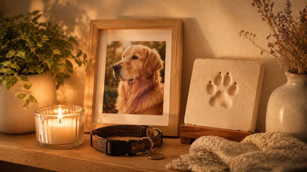 Rincón del recuerdo con foto, collar, huella y vela: ideas para recordar a tu mascota
