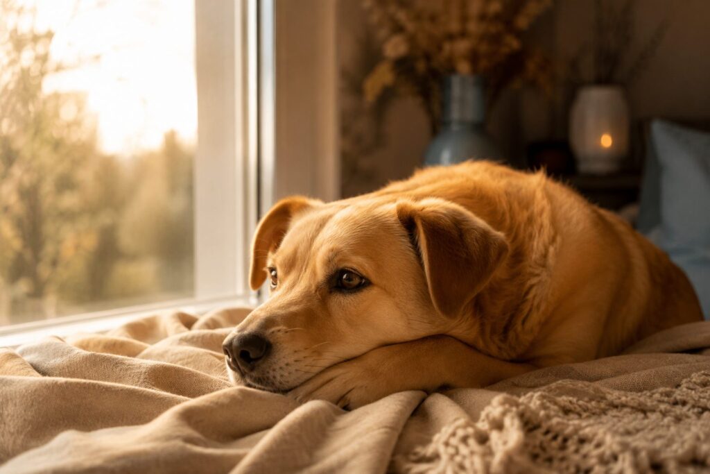 Perro de pelo dorado descansa tranquilo sobre una manta junto a una ventana con luz cálida del atardecer