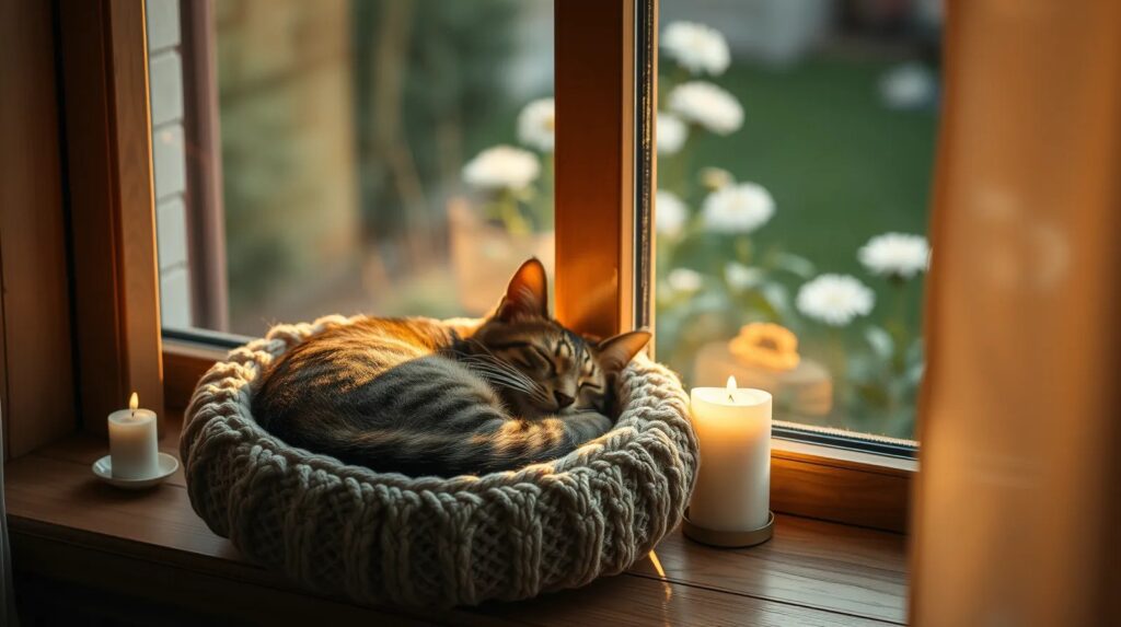 Gato dormido plácidamente en su camita junto a la ventana, con una vela encendida