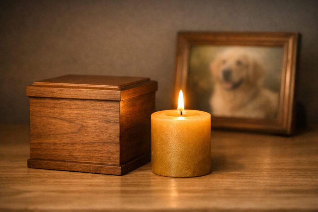 Urna de madera junto a una vela encendida y la foto enmarcada de un perro