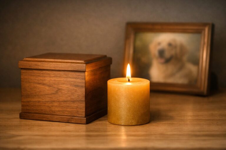 Urna de madera junto a una vela encendida y la foto enmarcada de un perro