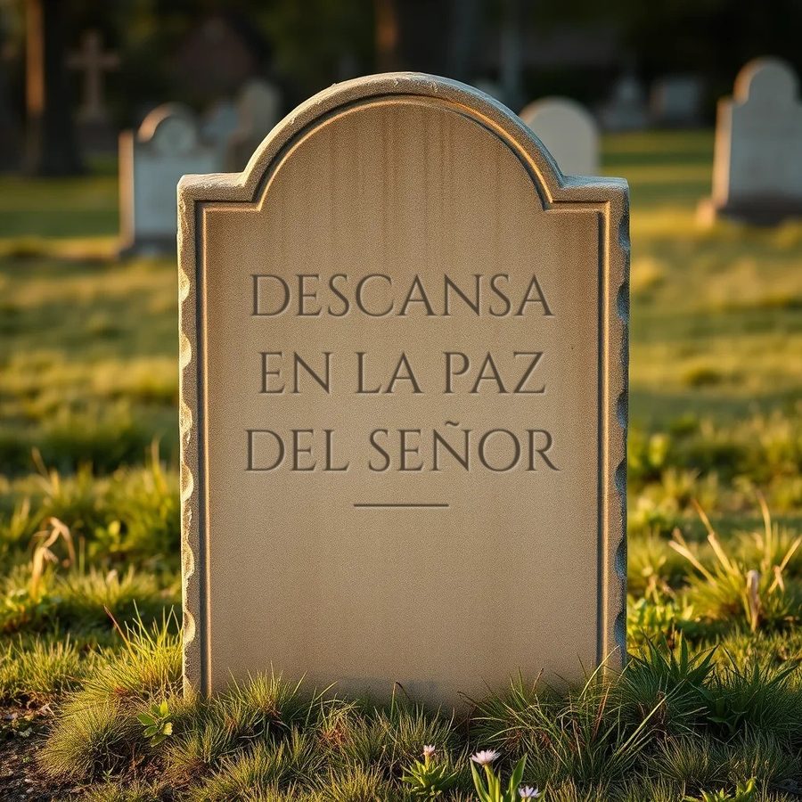 Epitafio religioso «Descansa en la paz del Señor» grabado en una lápida de arenisca