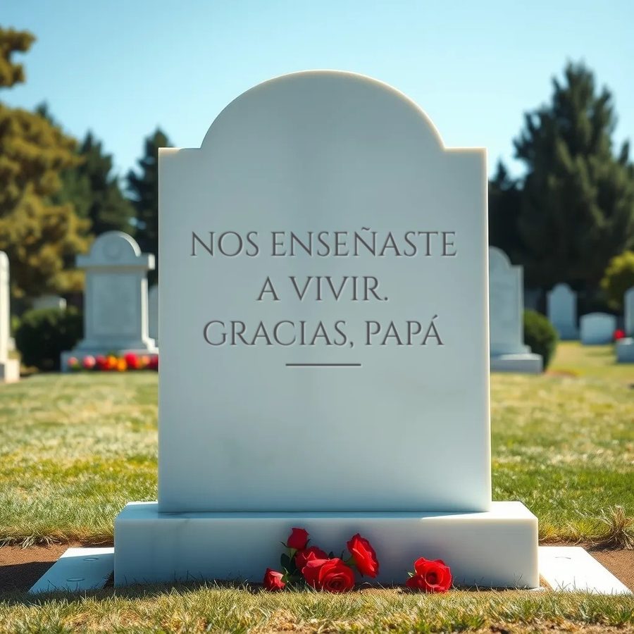 Epitafio para un padre, «Nos enseñaste a vivir. Gracias, papá», grabado en una lápida de mármol blanco