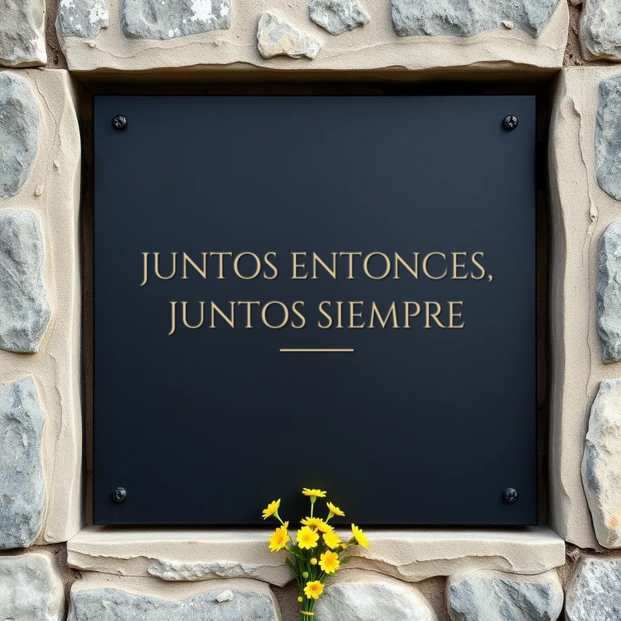 Epitafio para la pareja, «Juntos entonces, juntos siempre», en letras doradas en una placa de nicho de pizarra