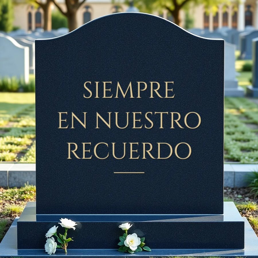 Epitafio «Siempre en nuestro recuerdo» grabado en letras doradas en una lápida de granito negro