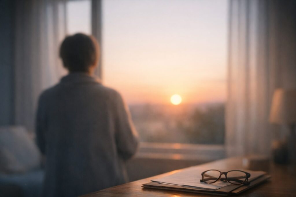 Una persona mira por la ventana hacia la luz del amanecer, en un interior tranquilo