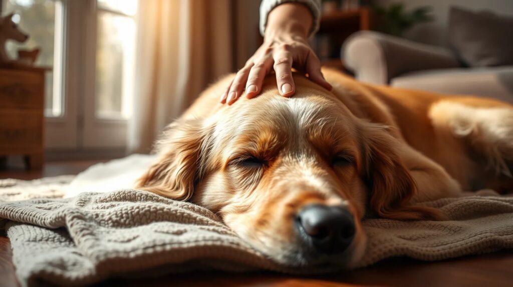 Mano acariciando con ternura a un perro mayor tumbado en paz sobre una manta