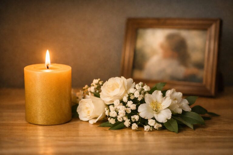 Vela encendida junto a flores blancas y una fotografía enmarcada, en penumbra cálida