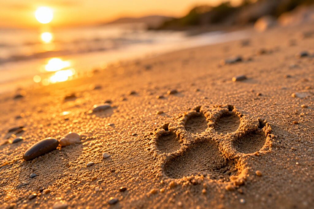 Huella de perro marcada en la arena de una playa al atardecer