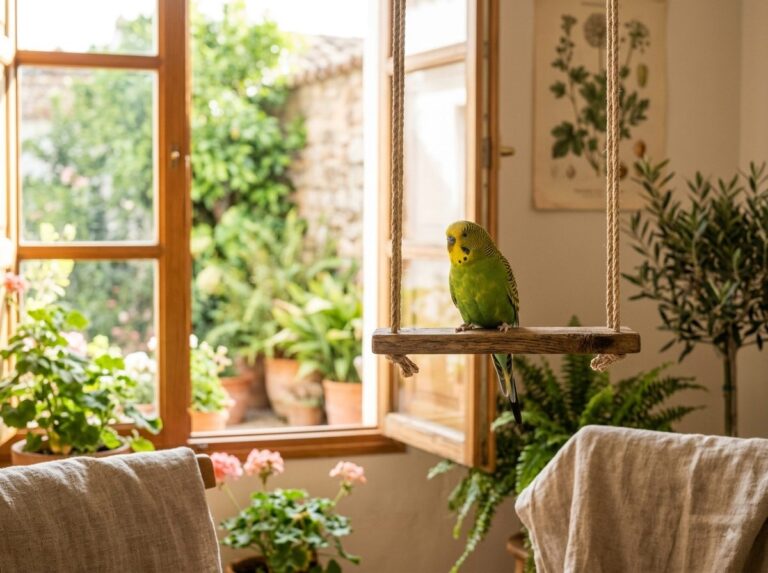 Kiwi en su columpio junto a la ventana