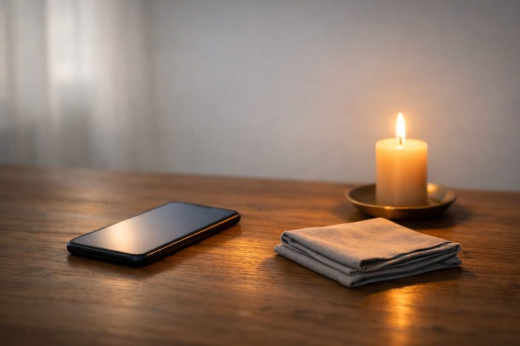Teléfono móvil sobre una mesa de madera junto a una vela encendida