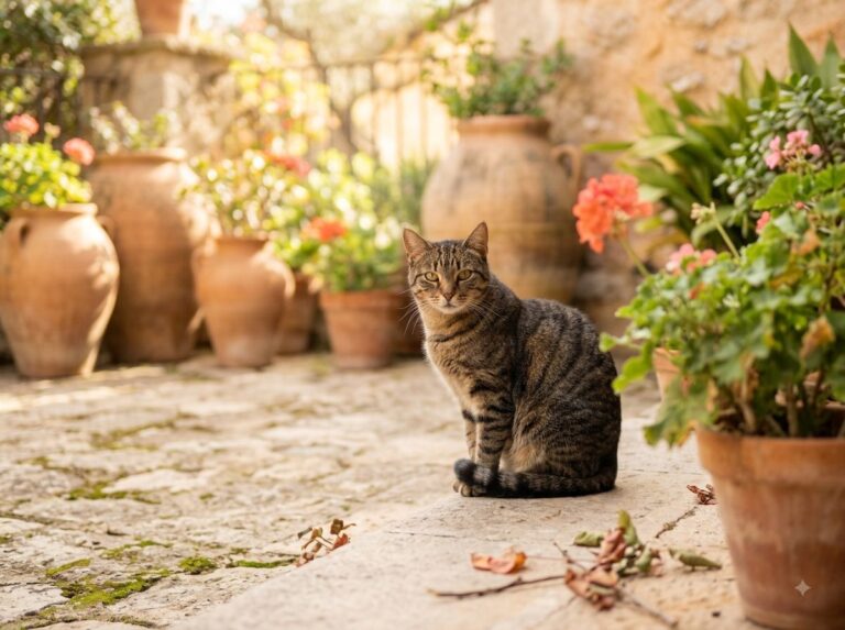 Nala en el patio, entre las macetas
