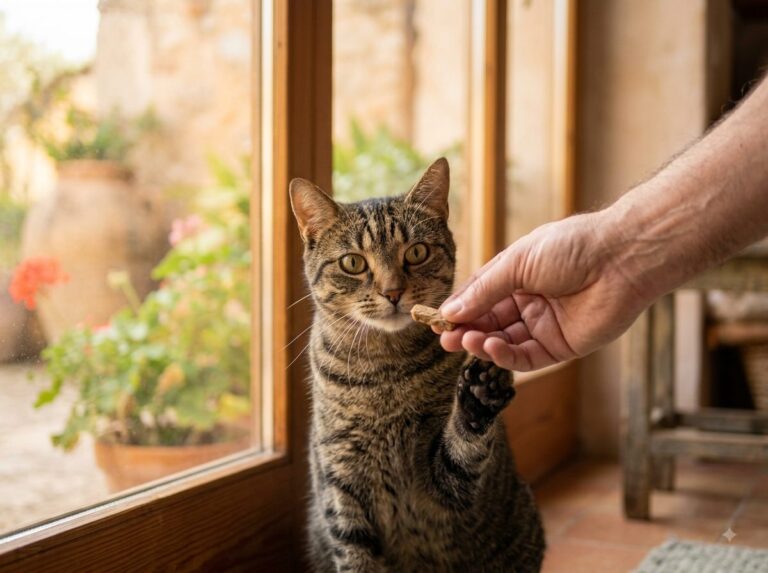 Nala comiendo de la mano, junto a la puerta