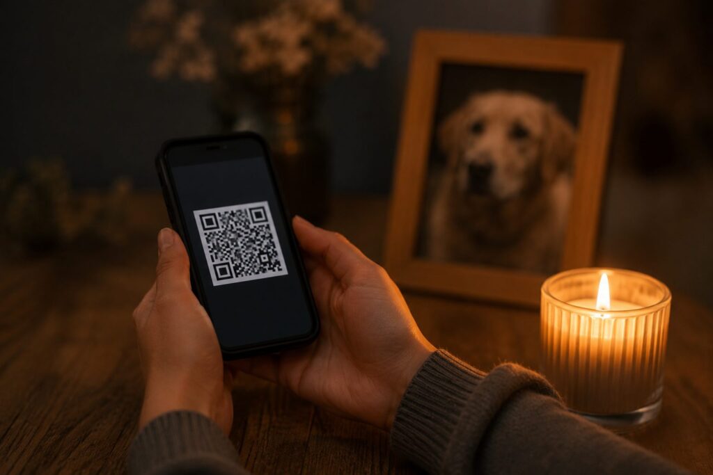 Manos sosteniendo un móvil con un código QR junto a una vela y la foto enmarcada de una mascota