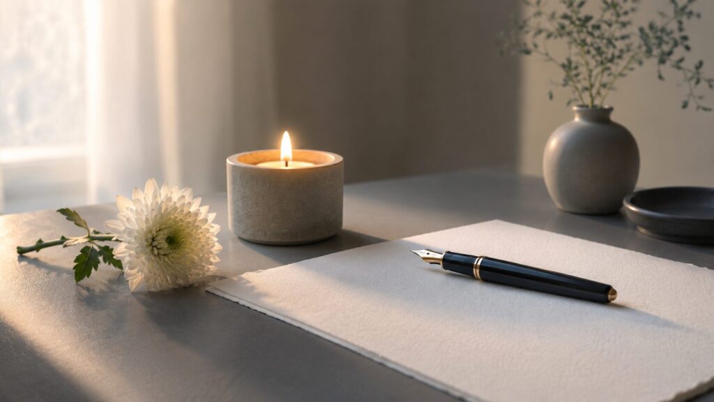 Pluma estilográfica sobre papel junto a una vela encendida y una flor blanca