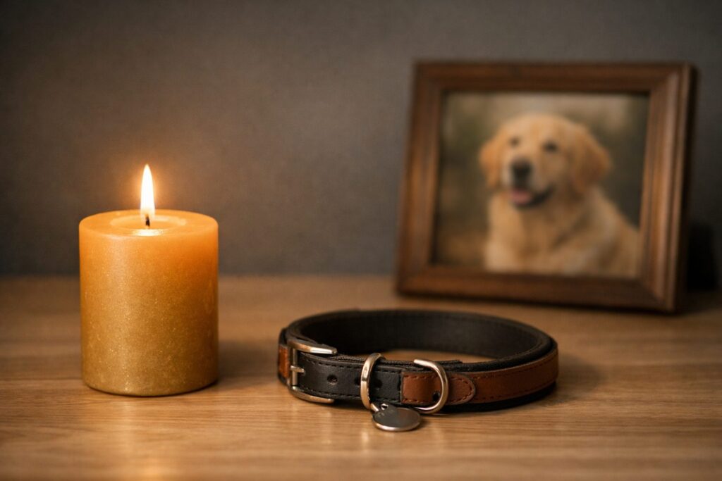 Vela encendida junto al collar de un perro y una fotografía enmarcada, en penumbra cálida