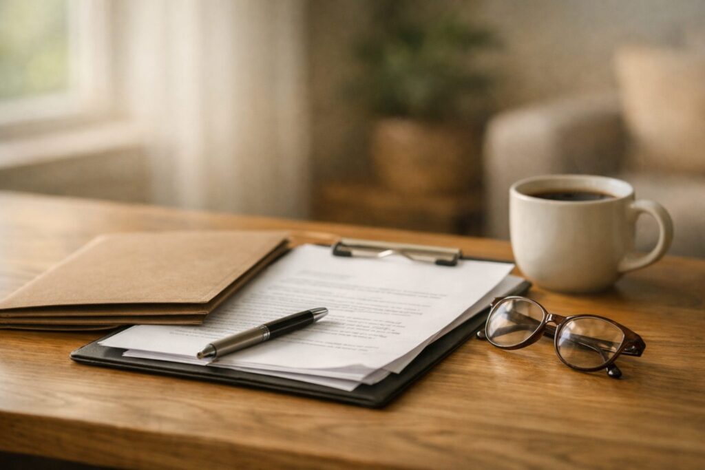 Carpeta con documentos, bolígrafo, gafas y una taza de café sobre una mesa junto a una ventana