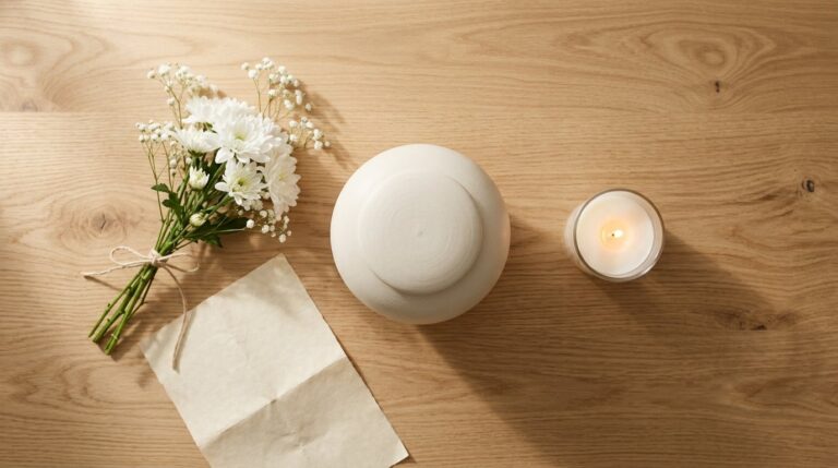 Urna de cerámica clara junto a un ramo de flores blancas y una vela encendida, sobre una mesa de madera