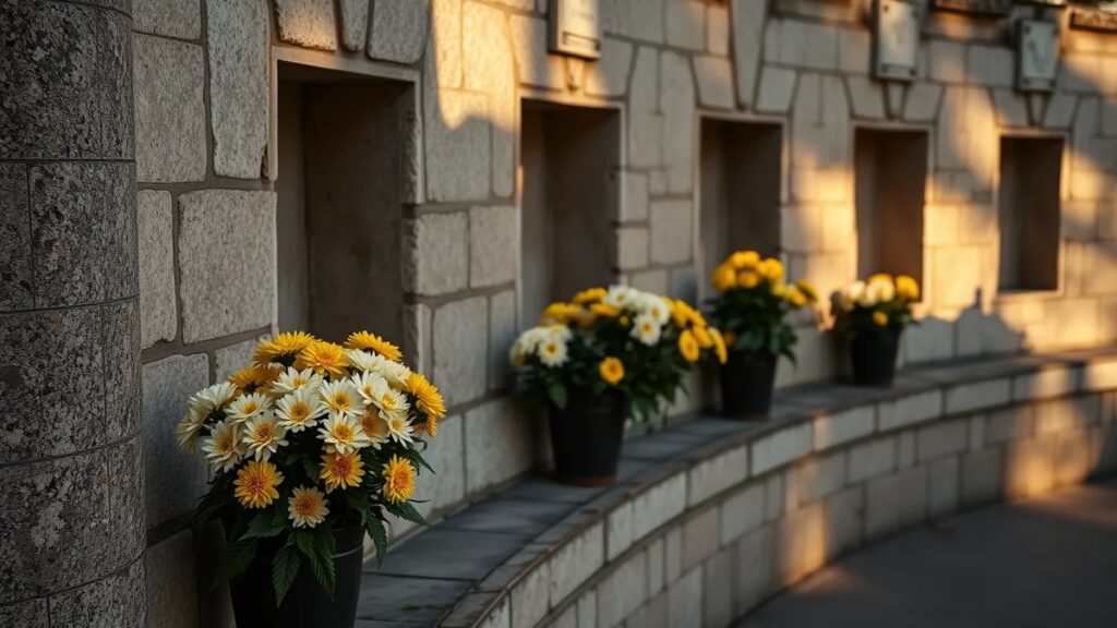 Nichos de un cementerio con macetas de crisantemos amarillos y blancos al atardecer