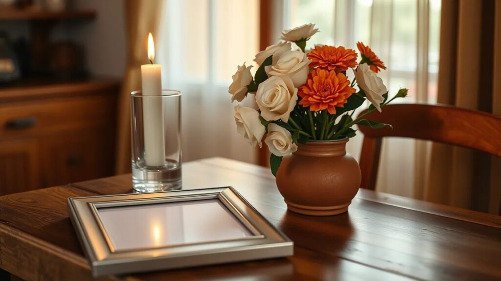 Mesa de casa con una veladora encendida, rosas blancas y cempasúchil en un jarro de barro y un marco de fotos