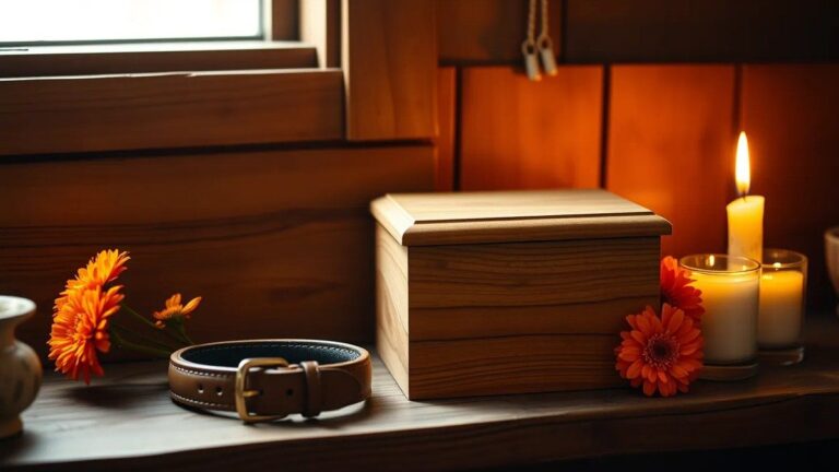 Urna de madera para las cenizas de una mascota junto a su collar, velas y flores naranjas
