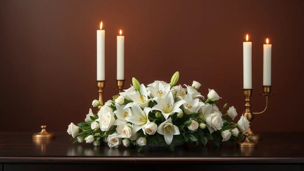 Arreglo de lirios y rosas blancas con velas encendidas para un velorio