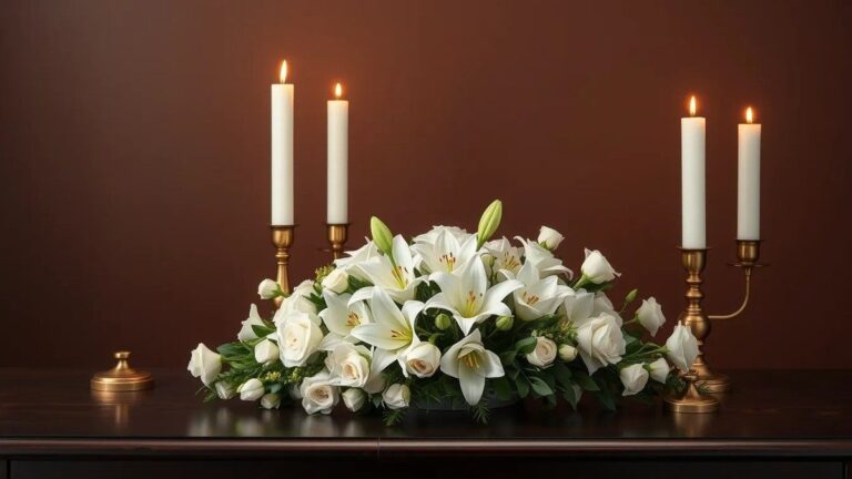 Arreglo de lirios y rosas blancas con velas encendidas para un velorio