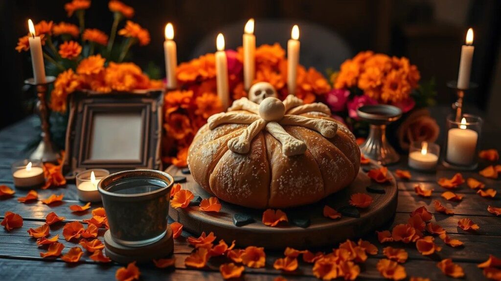 Ofrenda de Día de Muertos con pan de muerto, flores de cempasúchil y velas encendidas