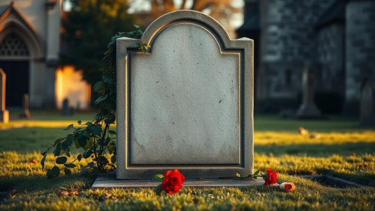 Lápida antigua de piedra lisa, sin inscripción, con hiedra y rosas rojas en un cementerio junto a una iglesia