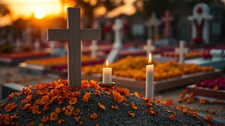 Cruz de madera sobre una tumba cubierta de pétalos de cempasúchil, con veladoras, en un panteón al atardecer