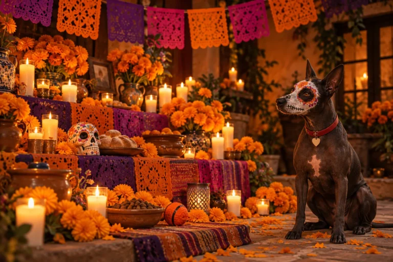 Frijol sentado junto a la ofrenda, mirando las velas