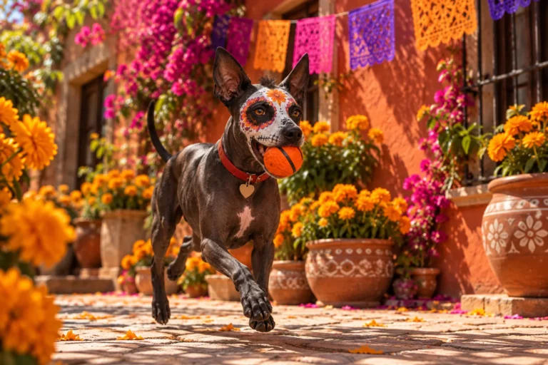 Frijol corre por el patio con su pelota naranja