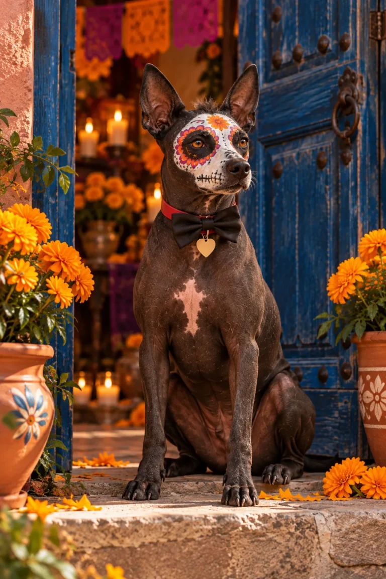 Frijol con moño de catrín en la puerta azul de la casa