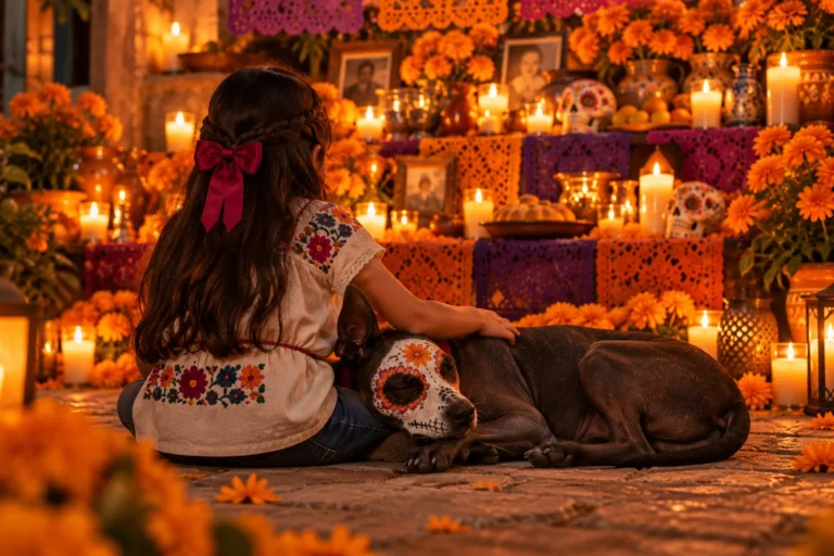 Frijol con la cabeza en las piernas de Lupita, frente a la ofrenda