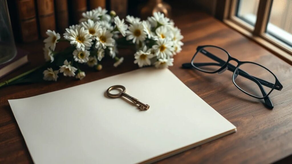 Documento en blanco con una llave antigua, margaritas y unas gafas sobre una mesa de madera