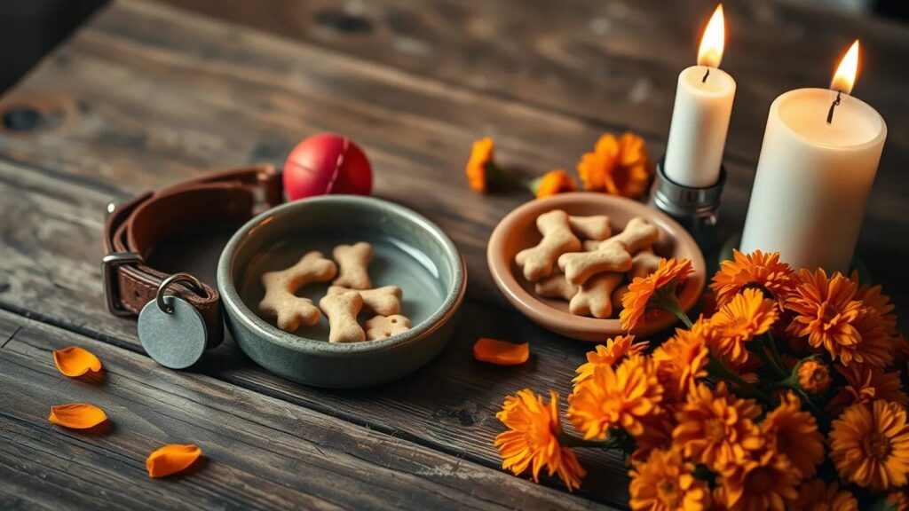 Ofrenda para una mascota: collar con chapa, croquetas, pelota, flores de cempasúchil y velas encendidas