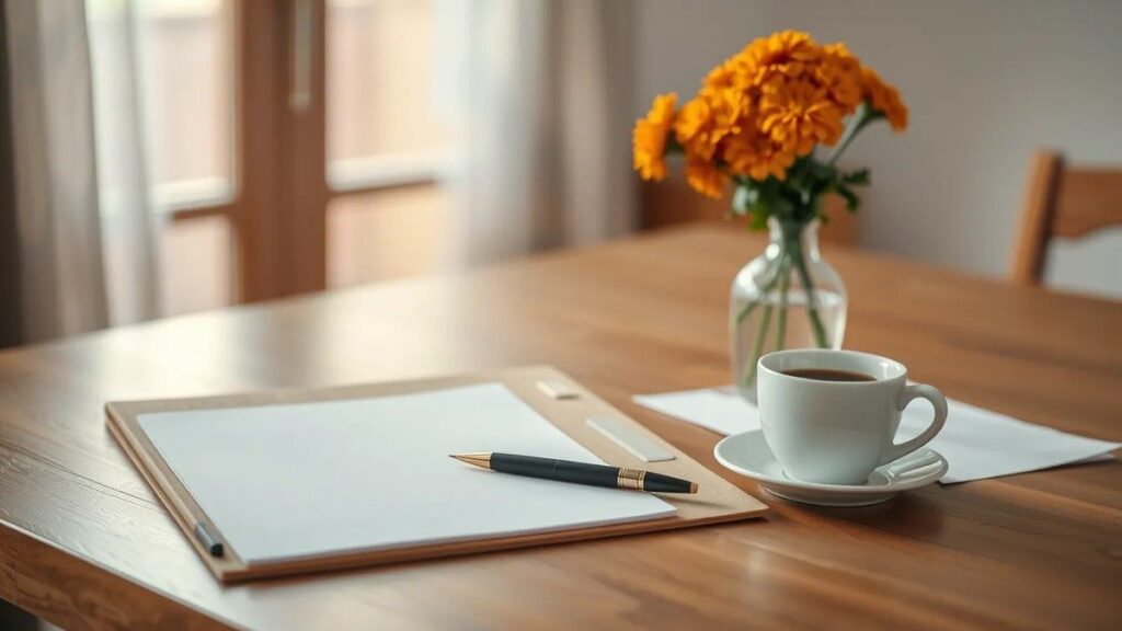 Carpeta de documentos y bolígrafo sobre una mesa, junto a un café y flores de cempasúchil