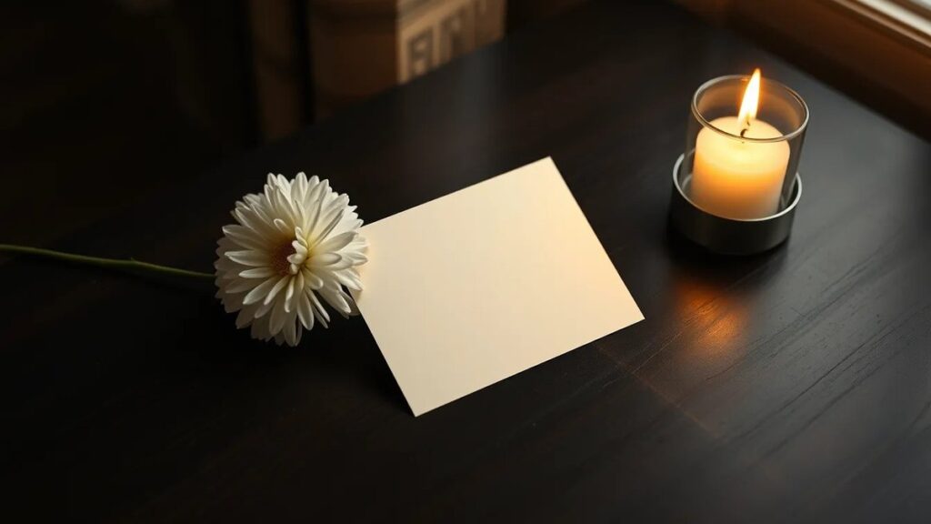 Tarjeta de recordatorio en blanco sobre una mesa de madera oscura, junto a un crisantemo blanco y una vela encendida