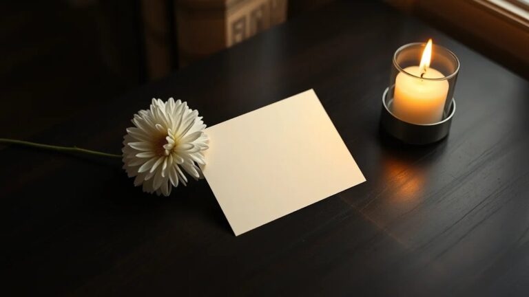 Tarjeta de recordatorio en blanco sobre una mesa de madera oscura, junto a un crisantemo blanco y una vela encendida